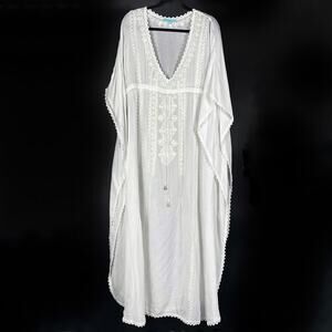 Melissa Odabash Kaftan Maxi Dress Coverup White V-Neck Eyelet Sequins One Size